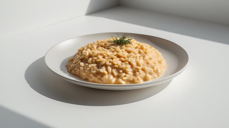 Creamy risotto serverade på en minimalistisk platta med ett enkelt örtskockt royaltyfri fotografi