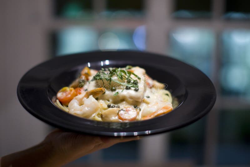 Creamy Seafood Fettuccine Alfredo Pasta Dish Capers Stock Photos - Free