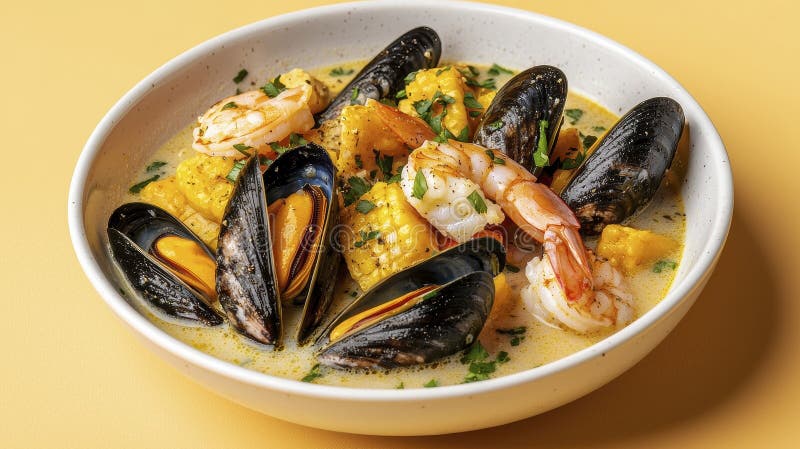 Creamy Seafood Stew mit Shrimp und Mussell in White Bowl vektor abbildung