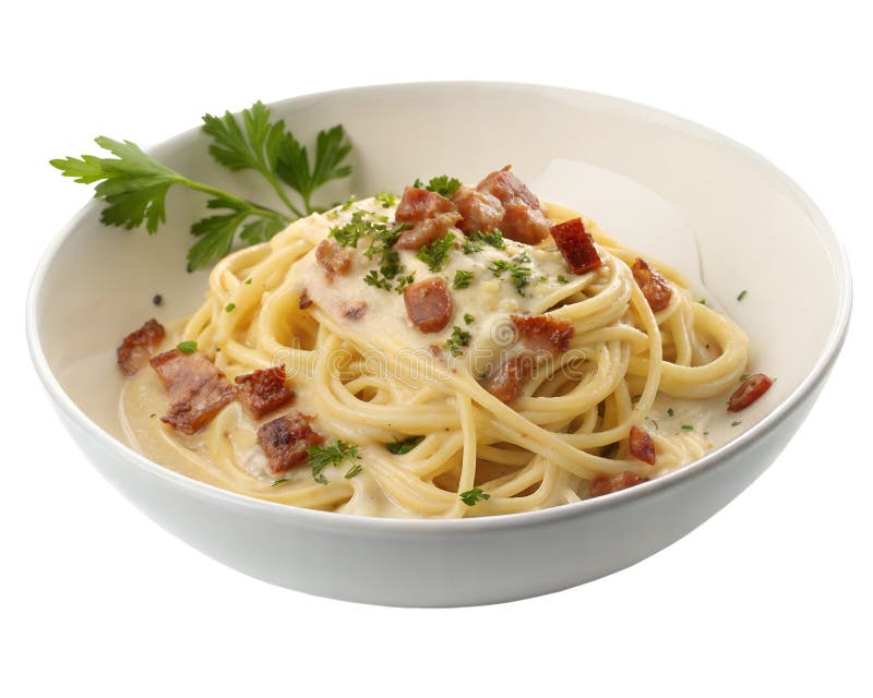 Creamy Spaghetti carbonara mit knusprigem Speck isoliert auf weißem Hintergrund. Ein köstlicher Teller cremiger Spaghetti Carbonara, überzogen mit knusprigem Speck und frischer Petersilie isoliert auf weißem Hintergrund KI erzeugt
