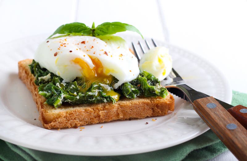 Creamy Spinach and Poached Egg Toast Stock Photo Image of bread, diet 56803752
