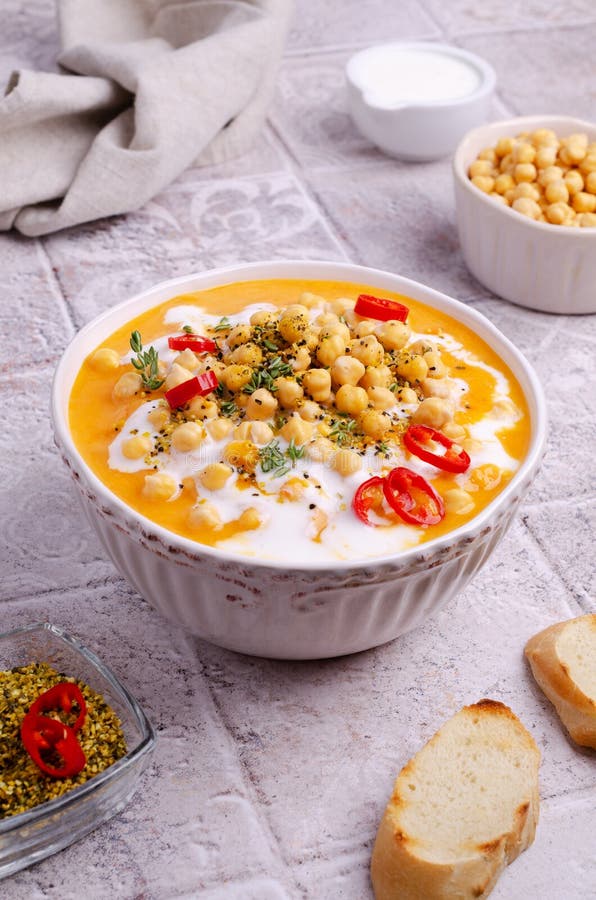 Creamy Vegetable Soup with Chickpeas Stock Image - Image of delicious