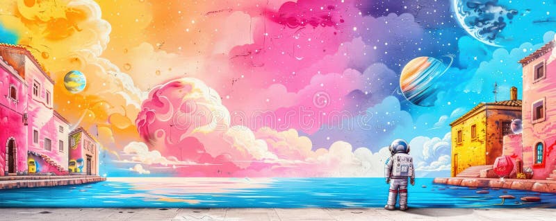 Creare un'immagine accattivante unendo la vista anteriore esplorazione dello spazio con l'arte di strada grassetto elementi graffi royalty illustrazione gratis