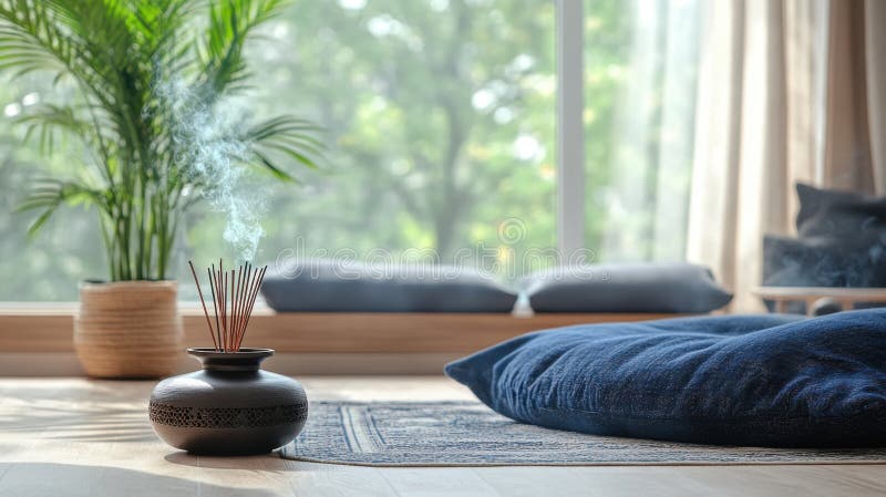 Creare una zona di meditazione tranquilla con cuscini e bruciatore d'incenso che incarna un decor zen per un rilassamento e una se immagini stock