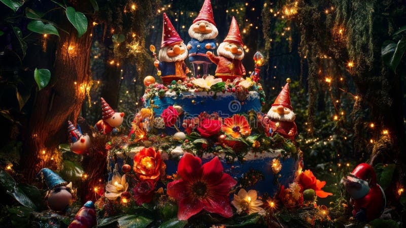 Crearea unei scene magice de grădină cu ciuperci comestibile colorate și flori vibrante pe un tort capricios. stock photography