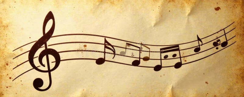 Creased, coffee stained paper; faint musical clef visible, lyric, manuscript, musical score vector illustration