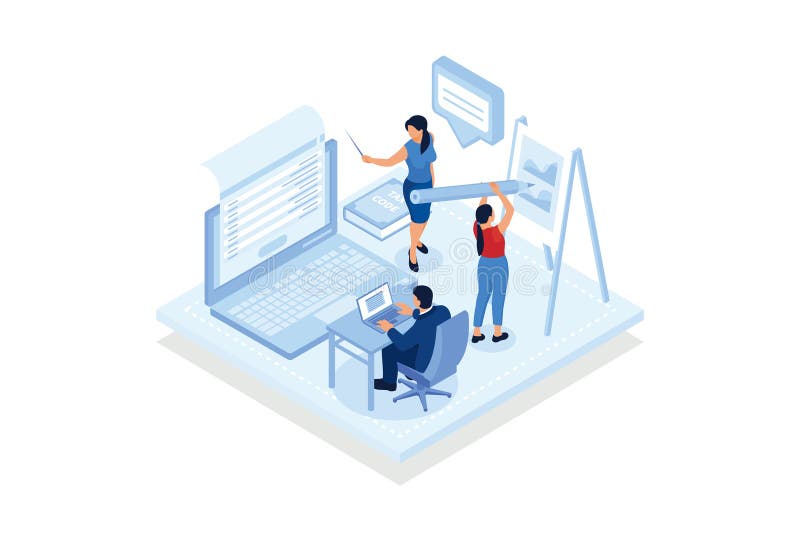 Create class. Elearning teaching software interface, creating a virtual classroom, online training features. isometric vector stock illustration