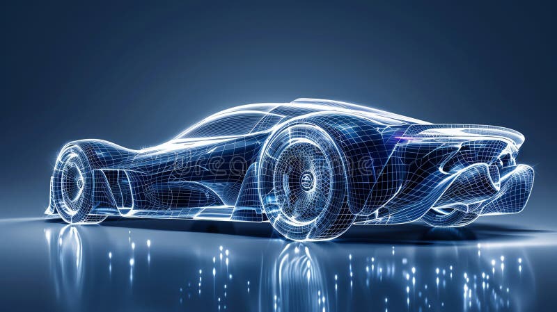 Create a dynamic image of a long shot supercar, captured in a wireframe digital rendering technique Showcase the sleek curves and royalty free illustration