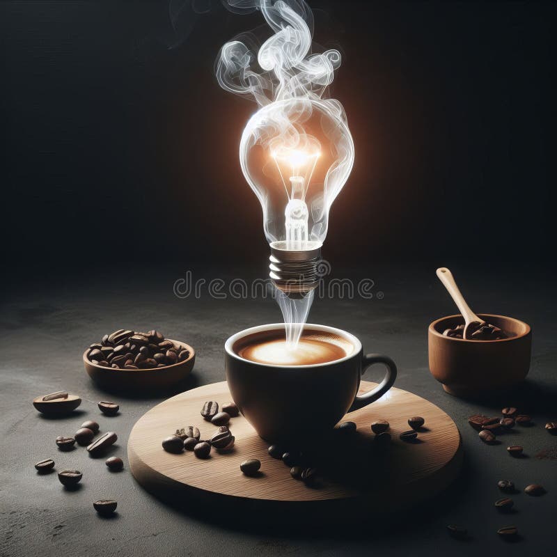 Hot coffee with a faint light bulb. floating on top Coffee concept helps create ideas royalty free illustration
