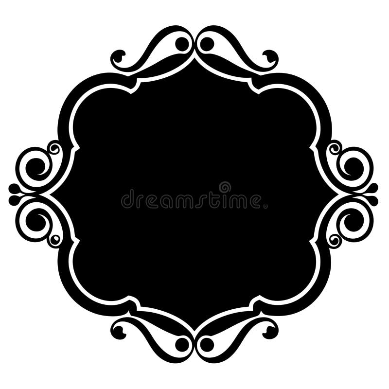 Ornate black frame with a symmetrical design, featuring intricate scrollwork and flourishes. The vector format emphasizes clean, sharp lines suitable for modern styling. The central area is solid, allowing for text or additional designs, while the border showcases elegant curves and circular embellishments. The frame's boldness and simplicity make it versatile for various applications, balancing classic and contemporary aesthetics. Additional format vector vectors