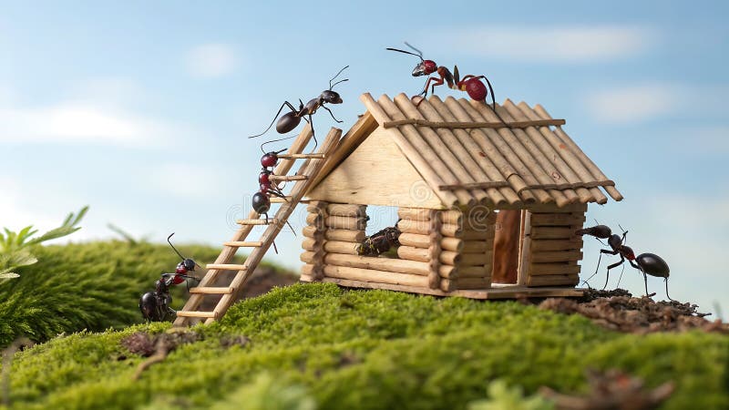 Create a whimsical and humorous image of a group of ants building a miniature house. House The house should be constructed from small wooden sticks or twigs, resembling a simple structure with a roof. Ants Several ants should be positioned around the house, some carrying sticks, others working on the structure, and some observing the progress.
