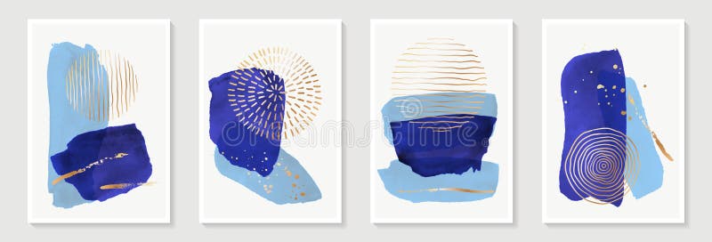 Creatief , minimalistisch , met de hand geschilderd abstract kunstverleden met blauwe waterkleurvlek en met de hand getekende goud