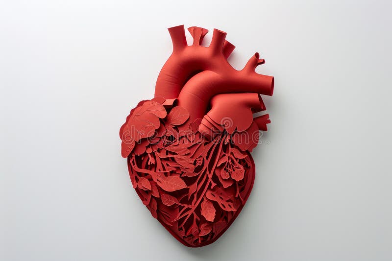Creative red paper cut human heart on white background. Health, science, cardiology, cardiovascular diseases, cardiology care, circulatory system concept. AI generated. Creative red paper cut human heart on white background. Health, science, cardiology, cardiovascular diseases, cardiology care, circulatory system concept. AI generated