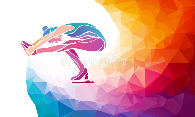 Creative silhouette of ice skating girl. Ice show, colorful vector illustration with background or banner template in trendy abstract colorful polygon style and rainbow back. Creative silhouette of ice skating girl. Ice show, colorful vector illustration with background or banner template in trendy abstract colorful polygon style and rainbow back