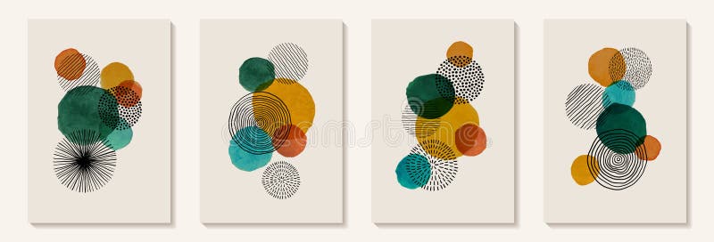 Creatieve, minimalistische handbeschilderde abstracte kunstachtergrond met waterkleurvlek en met de hand getekende doodle krabbelc