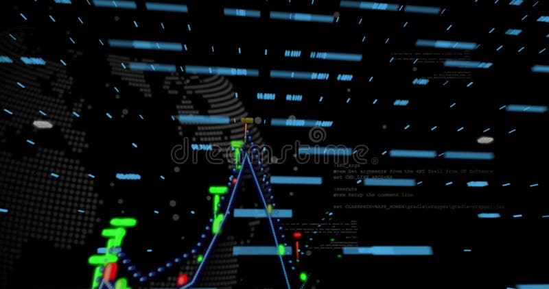Creating animation, digital data visualization with graphs and code in background stock illustration