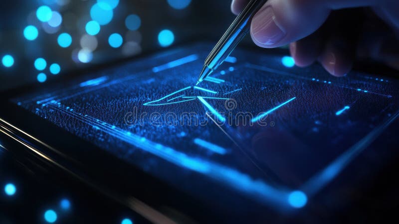 Creating a digital design with a stylus on a tablet illuminated by blue lighting effects. Generative AI royalty free stock image