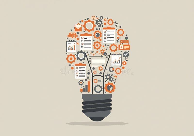 Creating Ideas Lightbulb Graphic with Gears and Business Data stock illustration