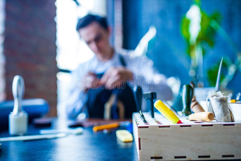 Creating Process of the Leather Things in the Handmade Stock Photo Image of manual