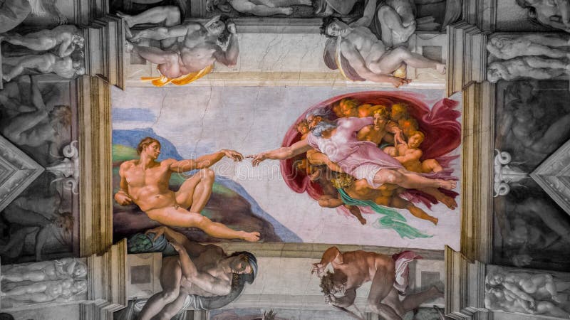 Creation of Adam work on the ceiling of in Sistine chapel in Vatican, Vatican