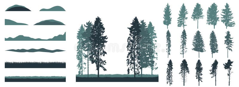 Creation of realistic forest, set of silhouette of beautiful spruce and pines trees. Vector illustration royalty free illustration