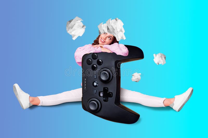 Creative abstract collage image of dreamy lady enjoying playstation game isolated blue color background.