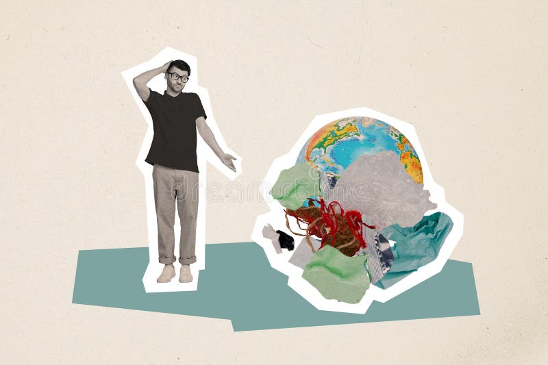 Creative abstract collage young man thinking about large amount of garbage on planet save Earth pollution environmet destruction ecosystem support.