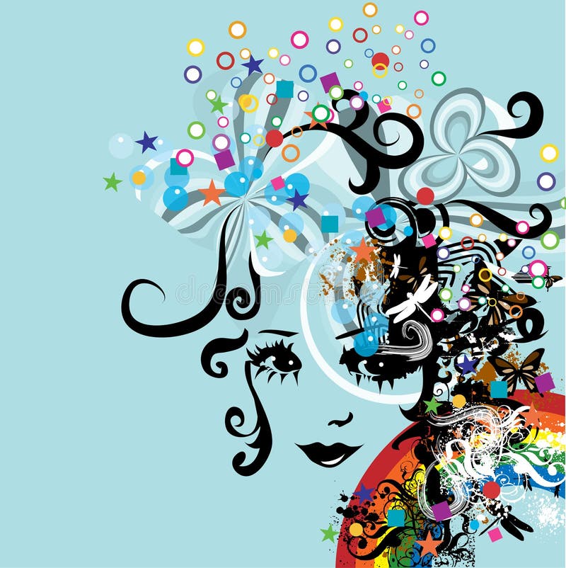 Creative and colorful complex illustration with woman's face and may colors, shapes and designs. Creative and colorful complex illustration with woman's face and may colors, shapes and designs.