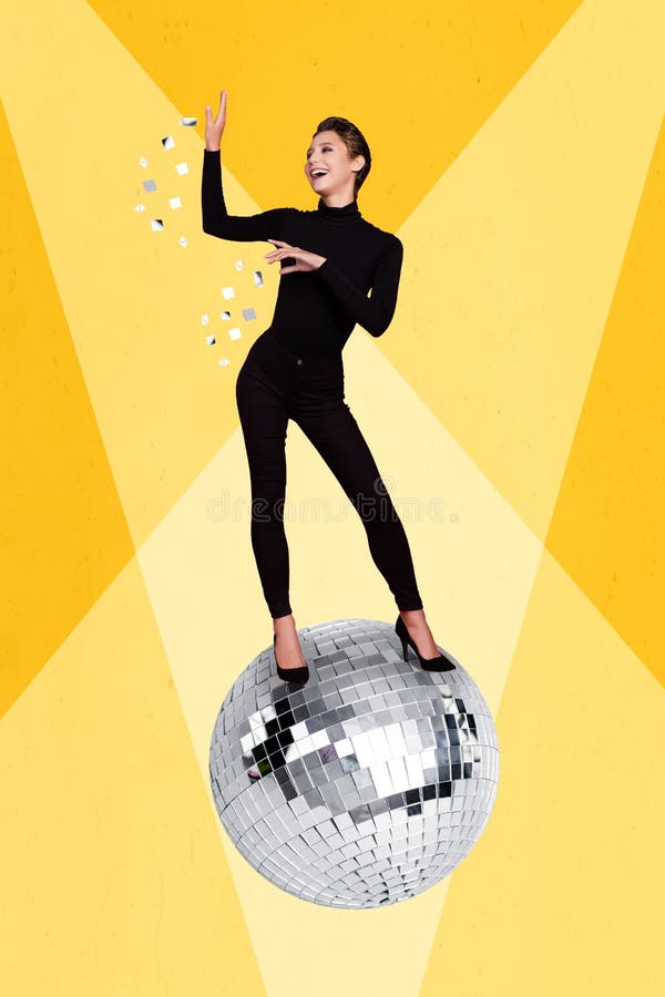 Creative abstract template collage of funny stylish elegant young woman dancing black clothes disco bright ball have fun