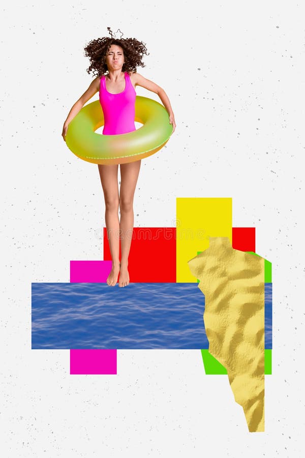 Creative abstract template graphics collage image of funky lady jumping diving water isolated colorful background royalty free stock photography