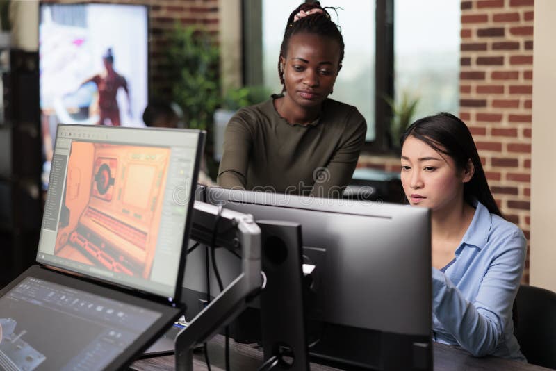 Creative agency production department office workers brainstorming 3D project ideas. royalty free stock photos
