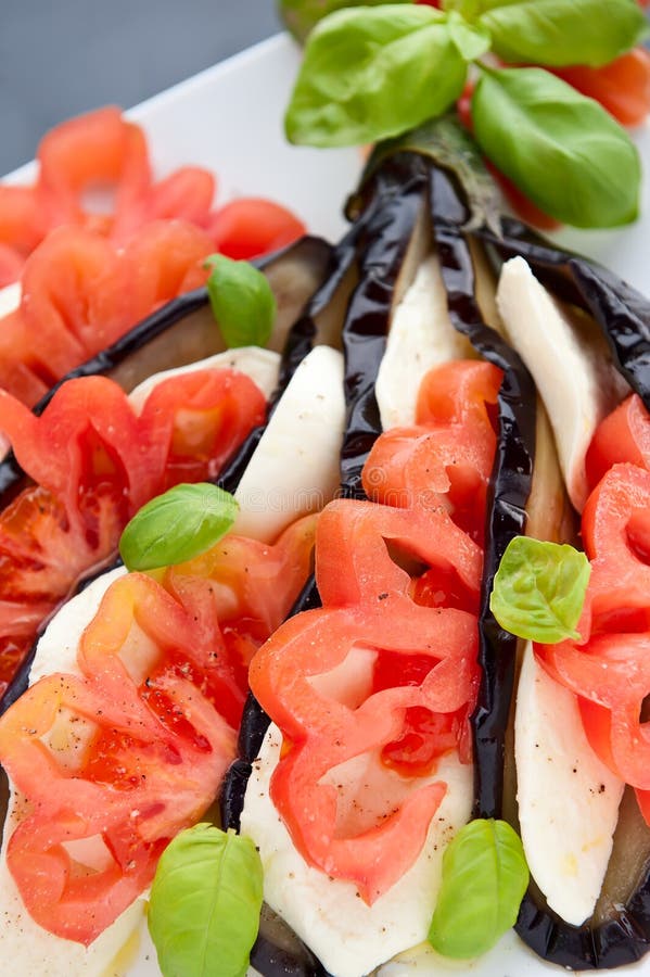 Appetizer Aubergine with Mozzarella, Tomato and Basil Stock Image