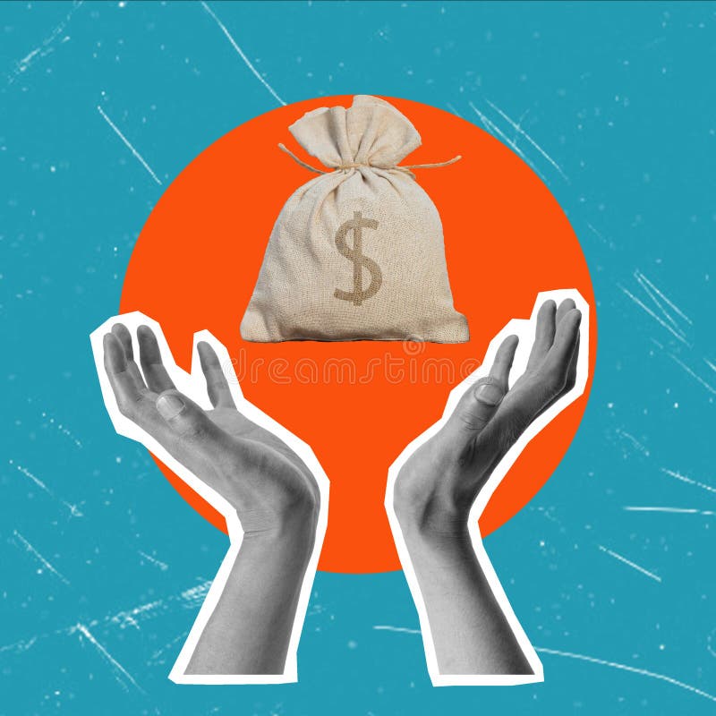 Creative art collage depicting a hand holding a bag of money. The concept of protecting profit and wealth vector illustration