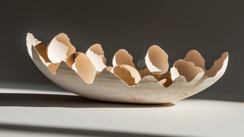 Creative art installation ship made of eggshells studio setting mixed media natural light unique concept stock illustration