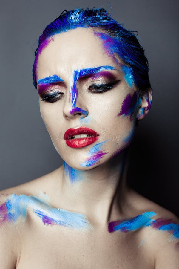 Creative Art Makeup of a Young Girl with Blue Eyes. Stock Image - Image ...