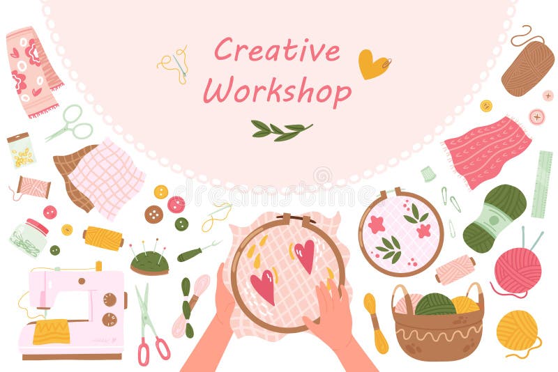 Creative art master class, lesson and workshop, hands holding hoop with embroidery, tools vector illustration