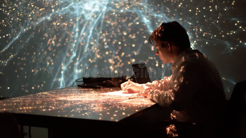 Creative artist working on design project with immersive light art installation in background studio space vector illustration