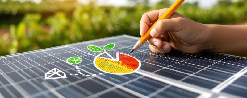 Creative artwork on solar panels emphasizes sustainability, featuring eco-friendly symbols drawn by hand under the sun stock illustration