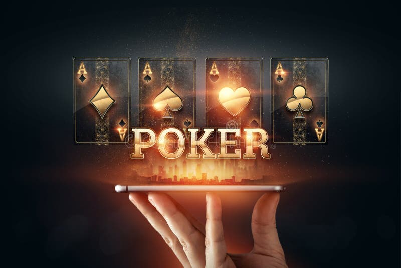 Creative background, online casino, in the male hand a smartphone with playing cards the inscription poker, black-gold background