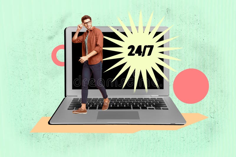 Creative banner image collage of the young business guy 24 7 workaholic Improer trader stand zdjęcie royalty free