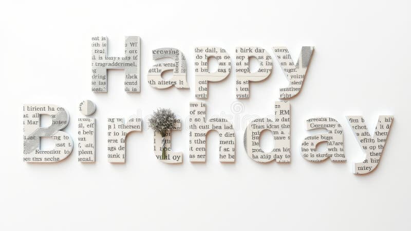 Creative birthday greeting made with newspaper letters and decorative element on white background royalty free stock photo