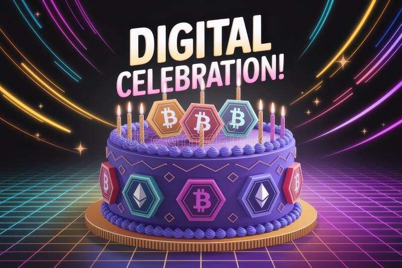 Creative blockchain birthday cake with cryptocurrency icons for digital celebration stock illustration