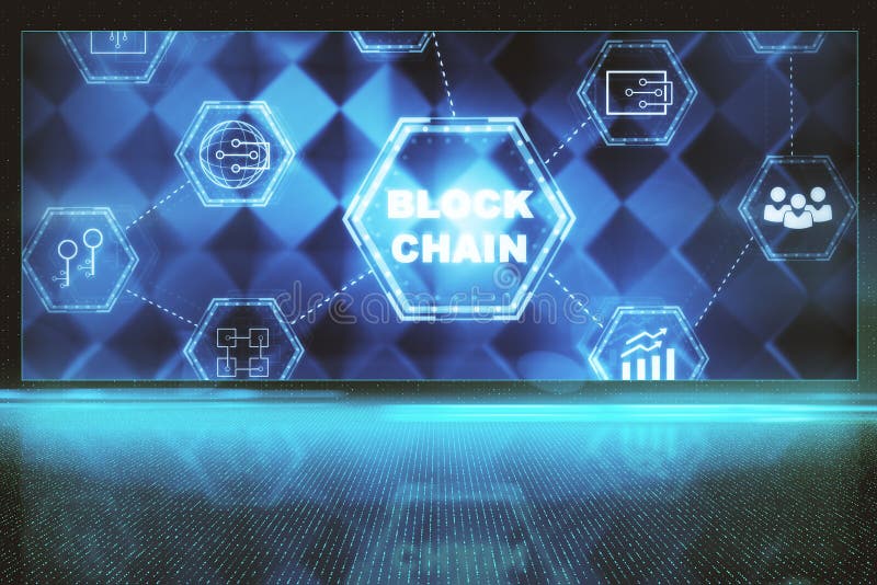 Creative blockchain hologram on virtual screen vector illustration