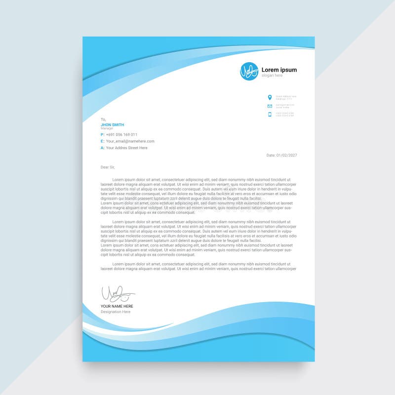 Creative blue wave business letterhead template design.