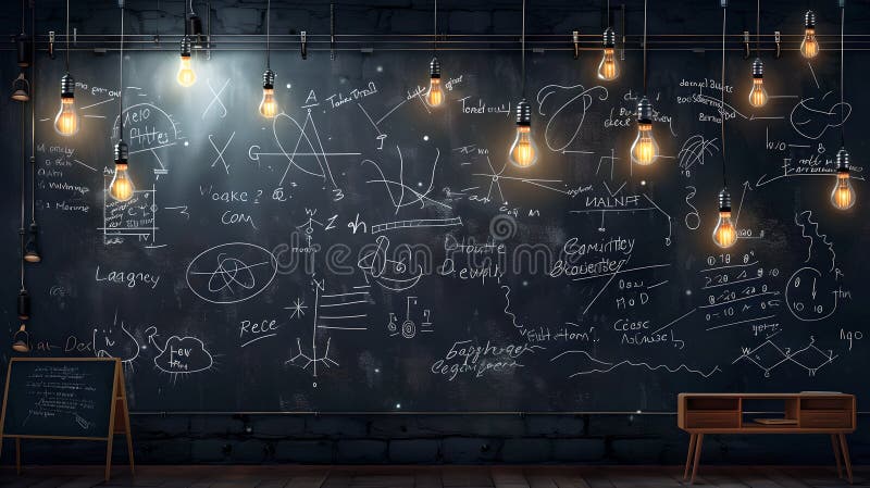Creative brainstorming space with chalkboard and hanging light bulbs. A conceptual image with diagrams and equations for royalty free stock image