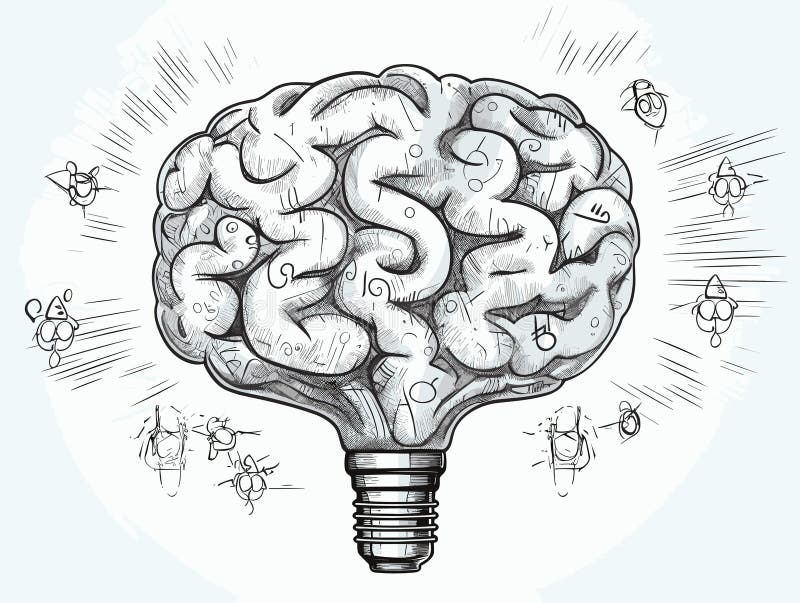 Creative bulb with brain brain with clouds with gears in hand-drawn style royalty free illustration