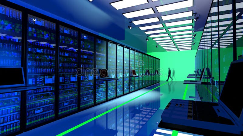 Terminal monitor in server room with server racks in datacenter royalty free stock image