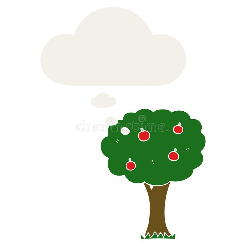 A creative cartoon apple tree and thought bubble in retro style