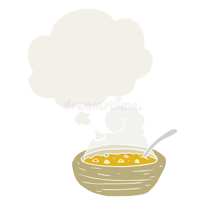 A creative cartoon bowl of hot soup and thought bubble in retro style