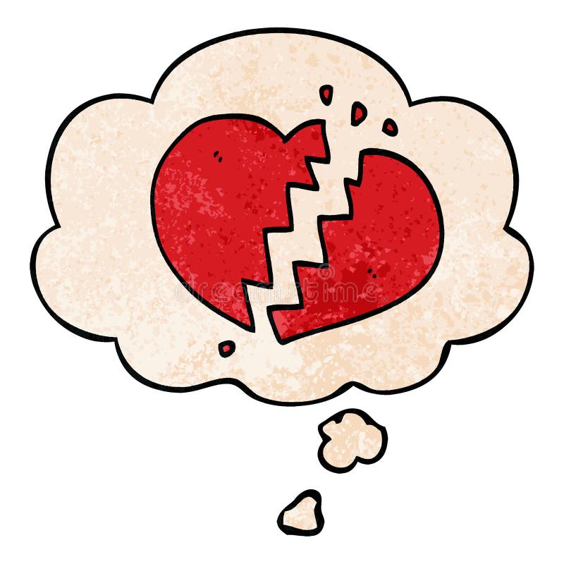 A creative cartoon broken heart and thought bubble in grunge texture pattern style